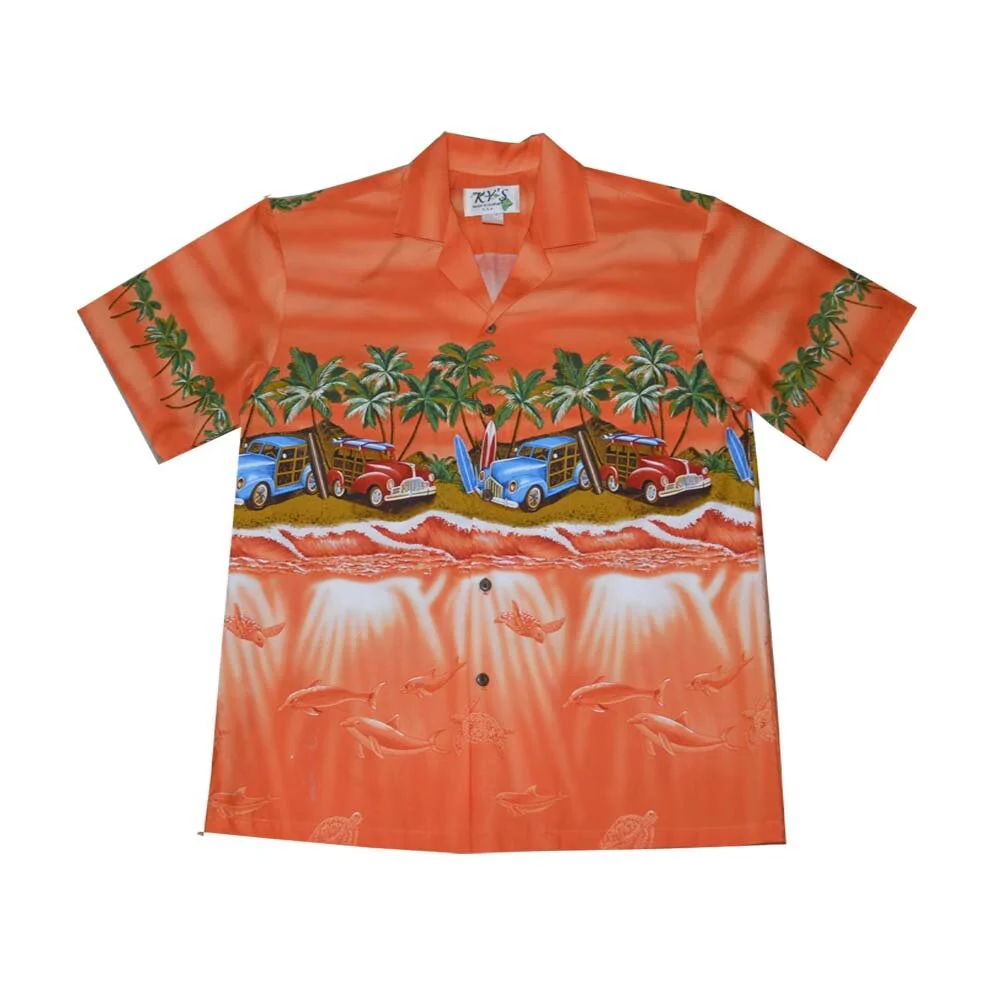 Woody Cars Panoramic Beach Orange Cotton Men's Aloha Shirt — kyifi.com